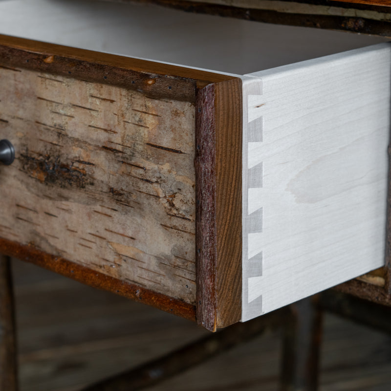 Rustic Pine, Hickory, White Birch, and Willow Stand with One Drawer, Dovetail Drawer Detail