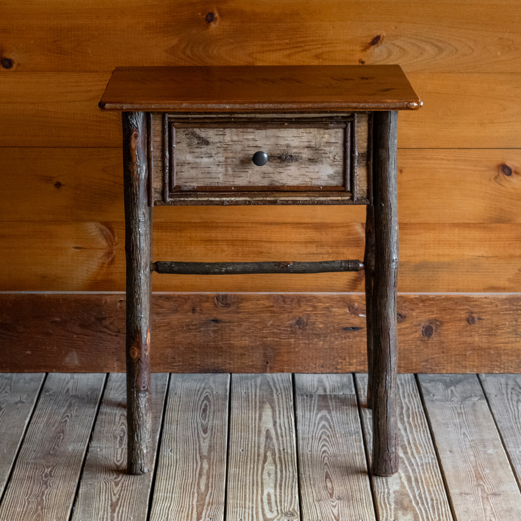 Rustic Adirondack Pine, Hickory, White Birch, and Willow Stand with One Drawer, Front View