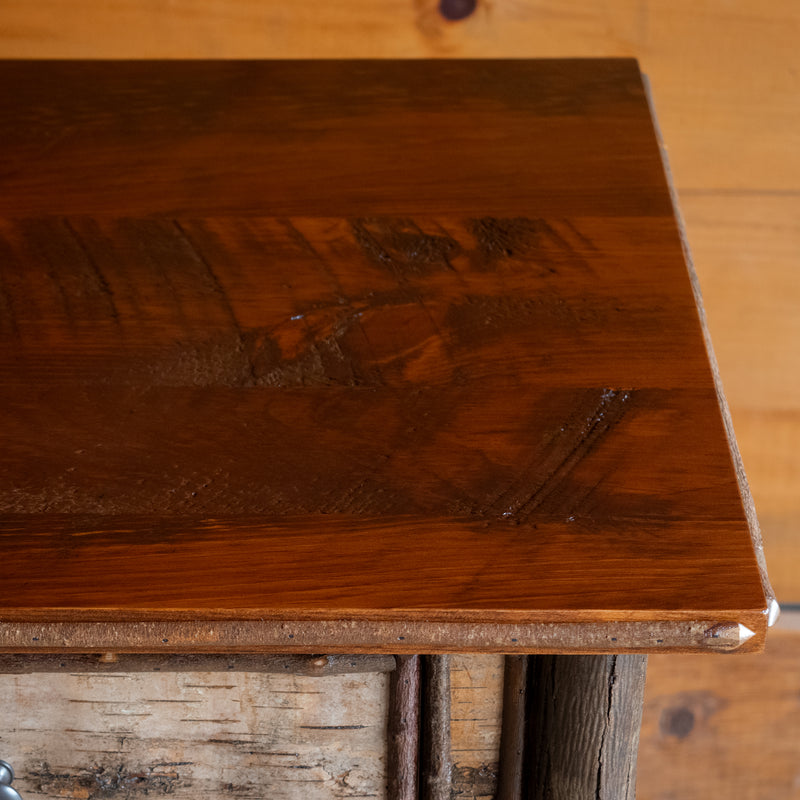 Rustic Adirondack Pine, Hickory, White Birch, and Willow Stand with One Drawer, Top Detail