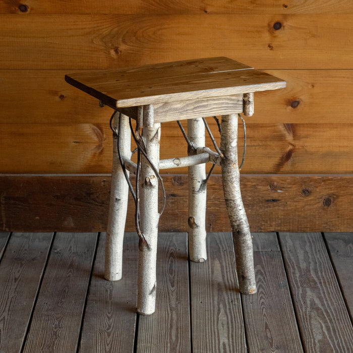 Rustic Birch Accent Table with Log Base, Angled Front View