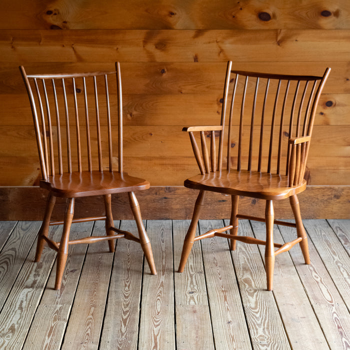 A Pair of Solid Cherry Dining Chairs, Angled View of Side Chair and Angled View of Arm Chair