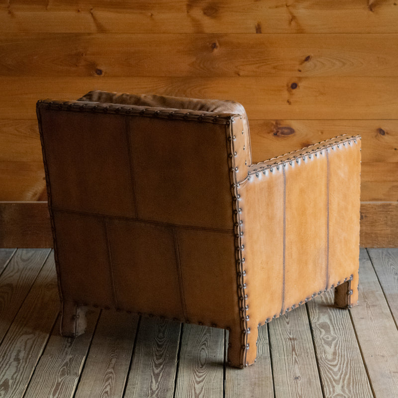 Rustic Square Buffalo Leather Arm Chair with Nailhead Trim, Angled Back View