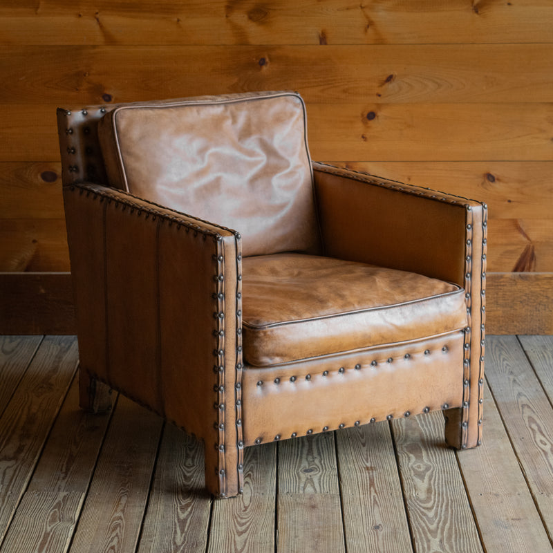 Rustic Square Buffalo Leather Arm Chair with Nailhead Trim, Angled Front View