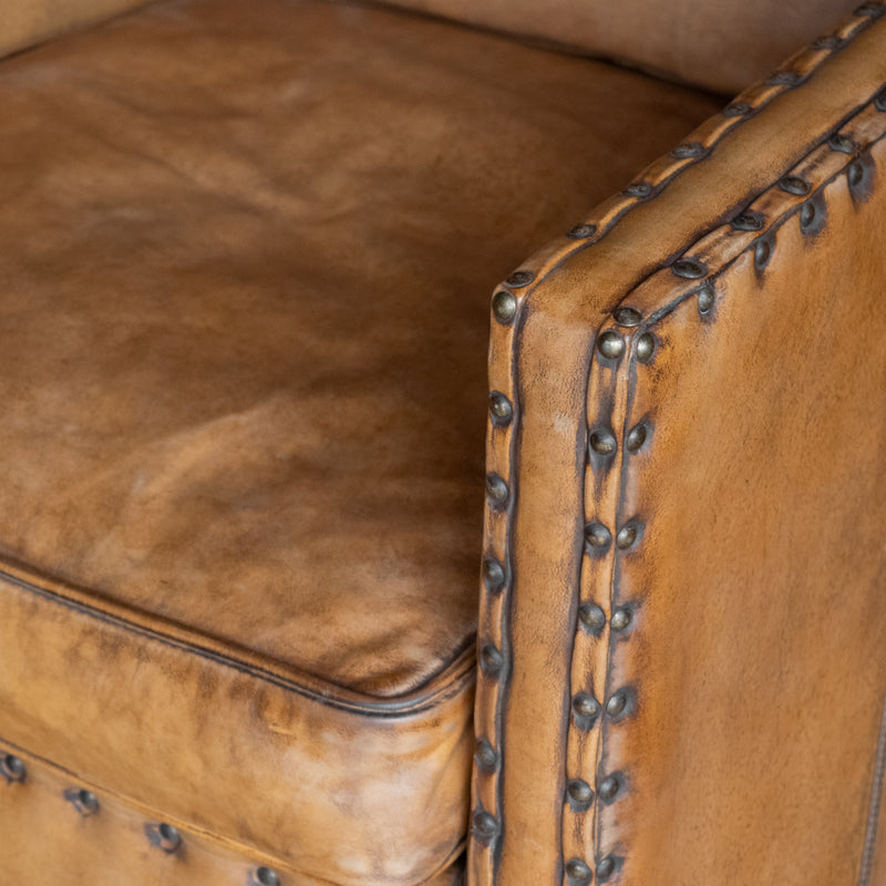 Rustic Square Buffalo Leather Arm Chair with Nailhead Trim, Arm Detail