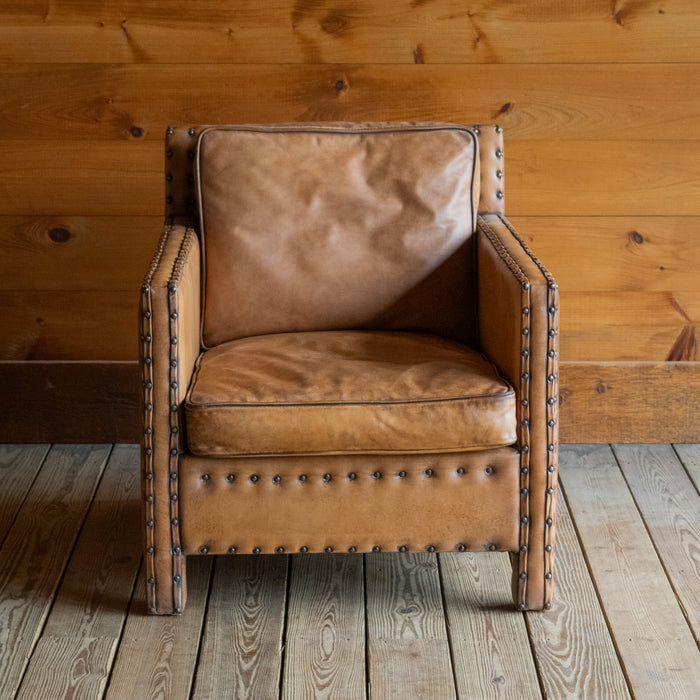 Rustic Square Buffalo Leather Arm Chair with Nailhead Trim, Front View