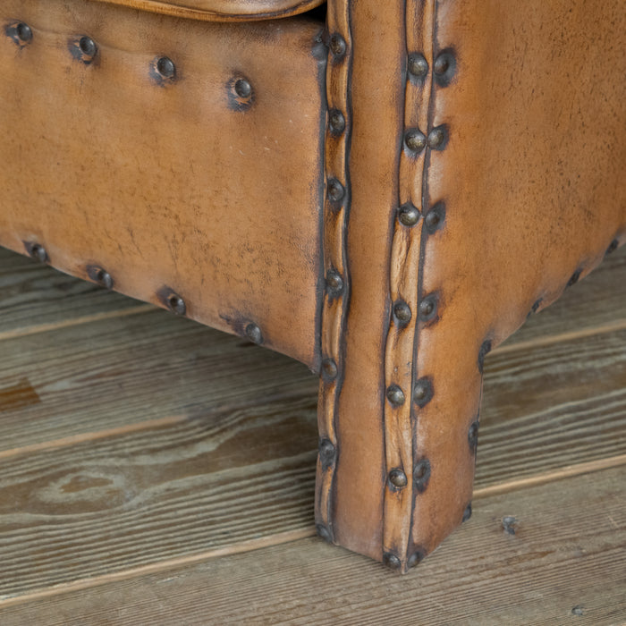 Rustic Square Buffalo Leather Arm Chair with Nailhead Trim, Leg Detail