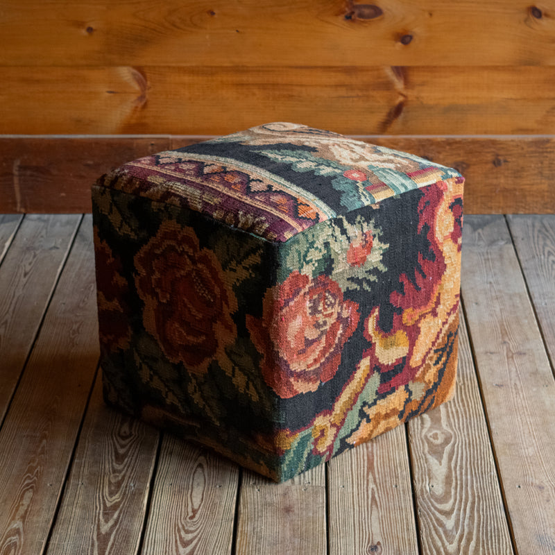 One-of-a-Kind Square Ottoman Upholstered in Kilim Carpet, Angled Front View