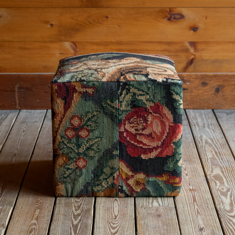 One-of-a-Kind Square Ottoman Upholstered in Kilim Carpet, Back View