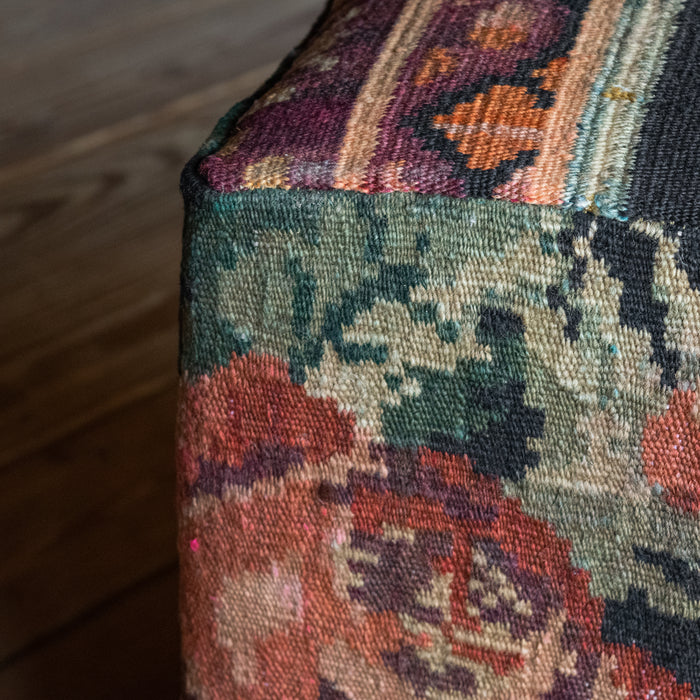 One-of-a-Kind Square Ottoman Upholstered in Kilim Carpet, Seam Detail