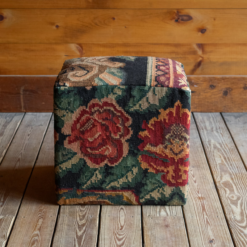 One-of-a-Kind Square Ottoman Upholstered in Kilim Carpet, Front View