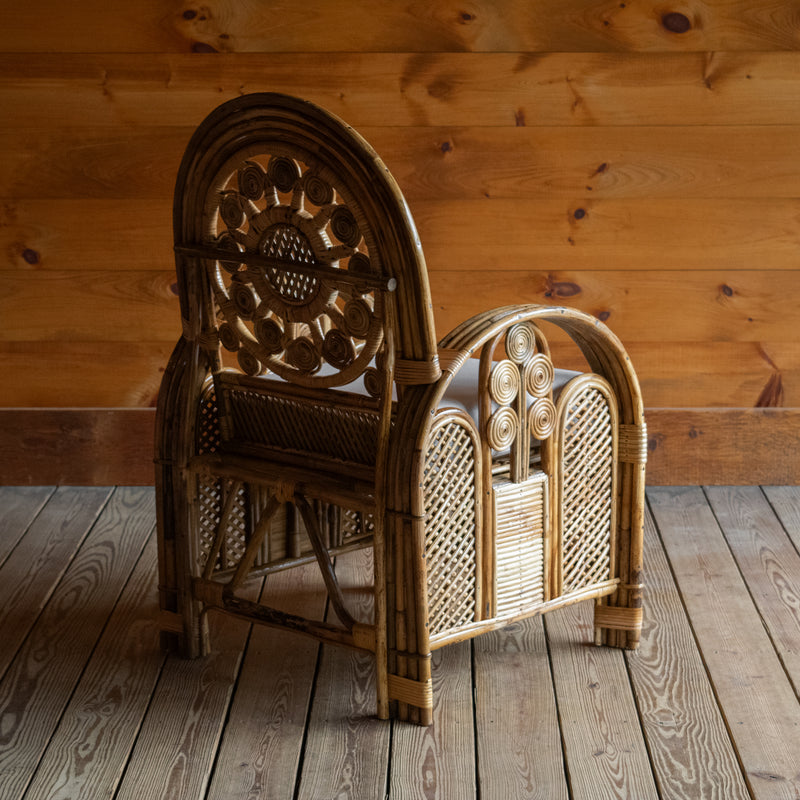 Handcrafted Rattan Chair with Sunflower Details and Off-White Sunbrella Seat Cushion, Angled Back View