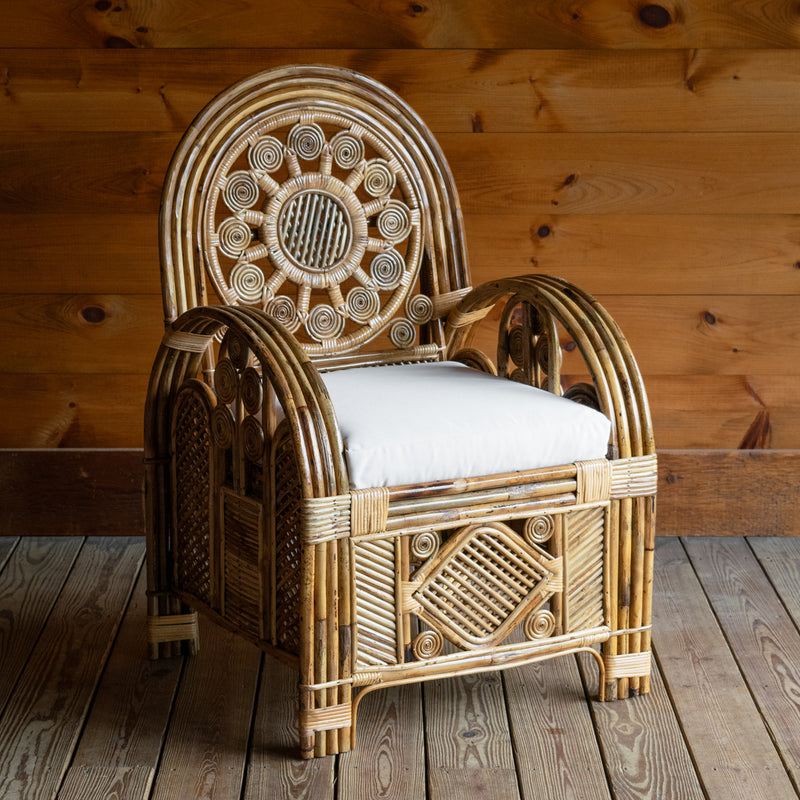 Handcrafted Rattan Chair with Sunflower Details and Off-White Sunbrella Seat Cushion, Angled Front View