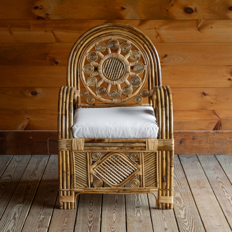 Handcrafted Rattan Chair with Sunflower Details and Off-White Sunbrella Seat Cushion, Chair Back Detail