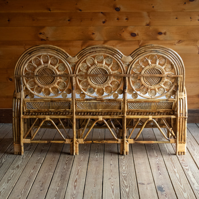 Handcrafted Rattan Sofa with Sunflower Details and Off-White Sunbrella Bench Seat Cushion, Back View