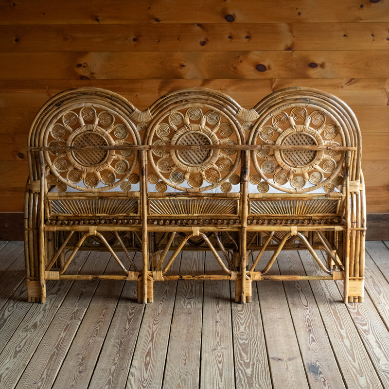 Handcrafted Rattan Sofa with Sunflower Details and Off-White Sunbrella Bench Seat Cushion, Back View