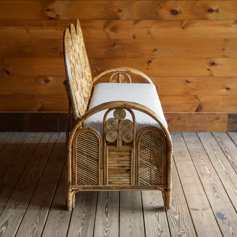 Handcrafted Rattan Sofa with Sunflower Details and Off-White Sunbrella Bench Seat Cushion, Back Detail