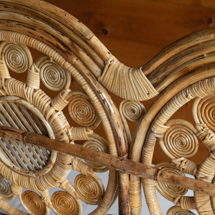 Handcrafted Rattan Sofa with Sunflower Details and Off-White Sunbrella Bench Seat Cushion, Back Detail