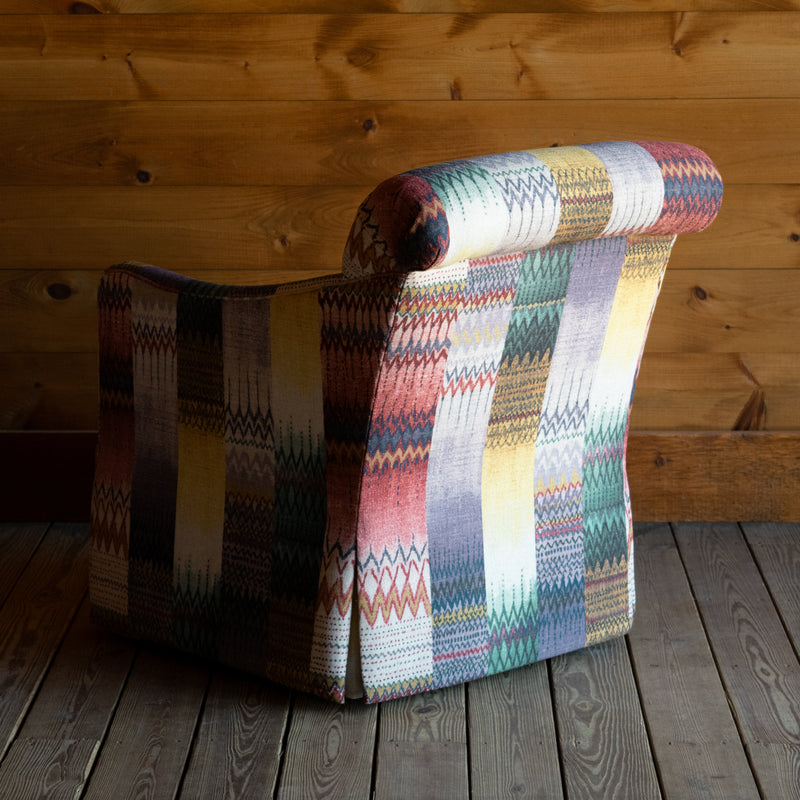 Swivel Chair with Tight Back Upholstered in Colorful Boho Stripe Print Fabric, Angled Back View