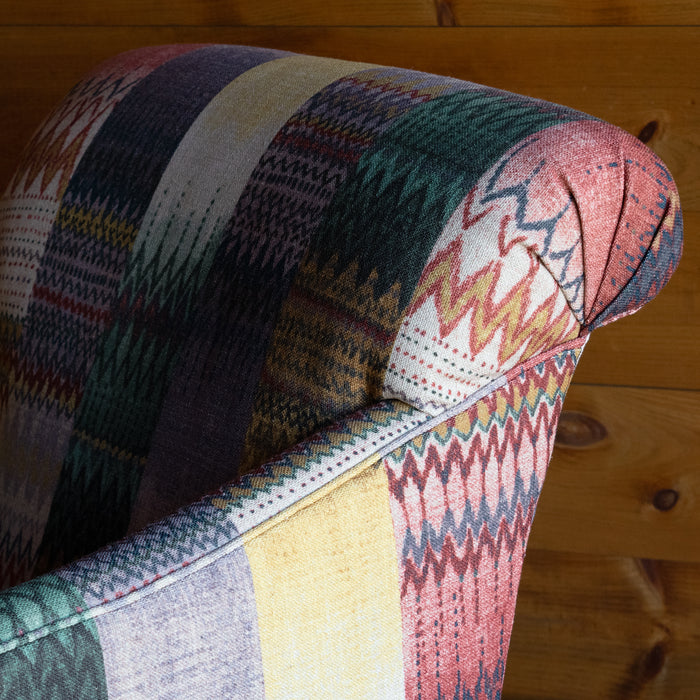 Swivel Chair with Tight Back Upholstered in Colorful Boho Stripe Print Fabric, Seam and Back Detail