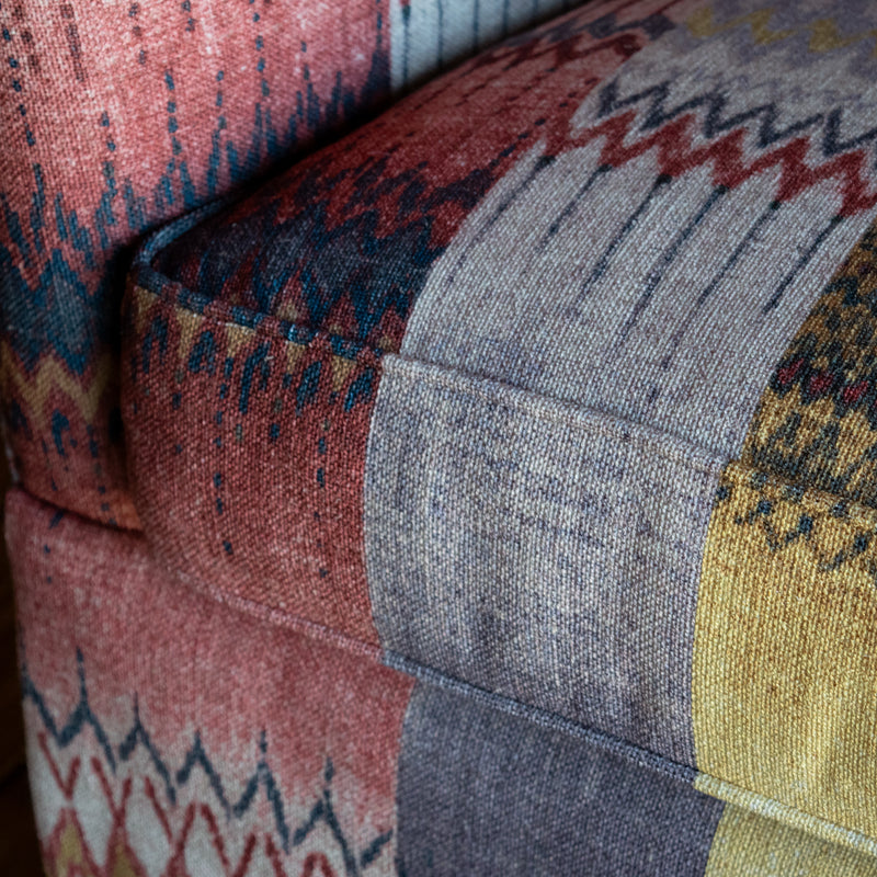 Swivel Chair with Tight Back Upholstered in Colorful Boho Stripe Print Fabric, Cushion Welt Detail