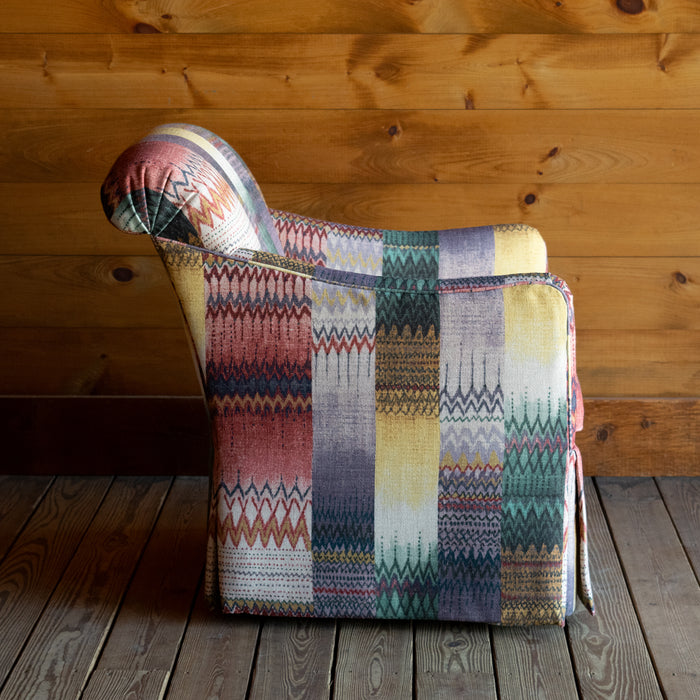 Swivel Chair with Tight Back Upholstered in Colorful Boho Stripe Print Fabric, Profile View