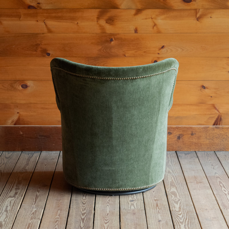 Tight Back Swivel Chair Upholstered in Green Velvet Chenille with Nailhead Trim, Back View