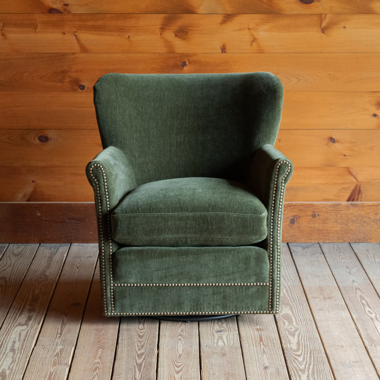 Tight Back Swivel Chair Upholstered in Green Velvet Chenille with Nailhead Trim, Back View