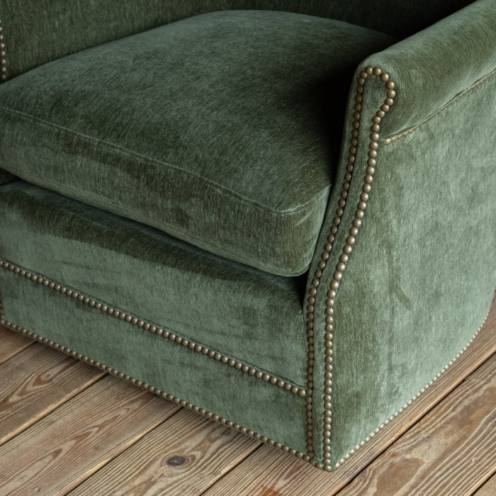 Tight Back Swivel Chair Upholstered in Green Velvet Chenille with Nailhead Trim, Arm Detail