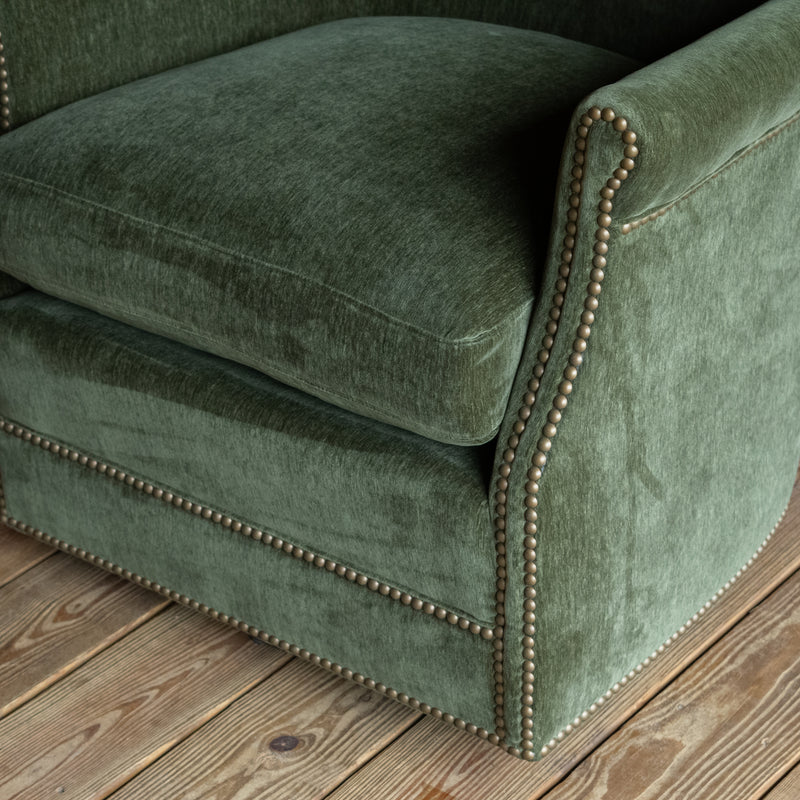 Tight Back Swivel Chair Upholstered in Green Velvet Chenille with Nailhead Trim, Arm Detail