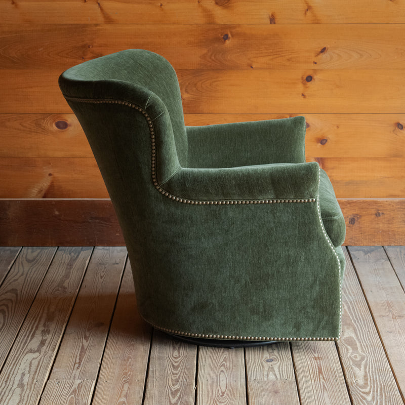 Tight Back Swivel Chair Upholstered in Green Velvet Chenille with Nailhead Trim, Profile View