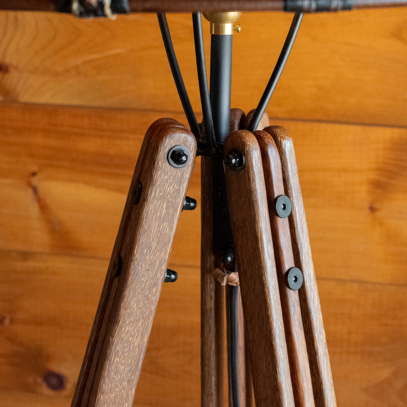 Rustic Wooden Tripod Floor Lamp with Vibrant Leather Shade, Base Detail