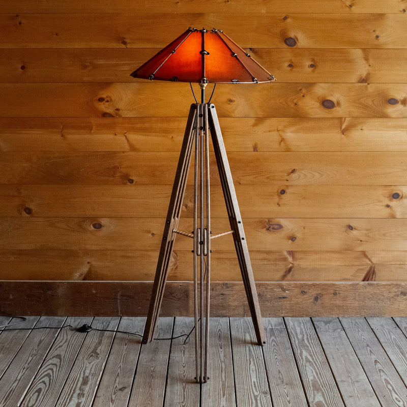 Rustic Wooden Tripod Floor Lamp with Vibrant Leather Shade, Front View