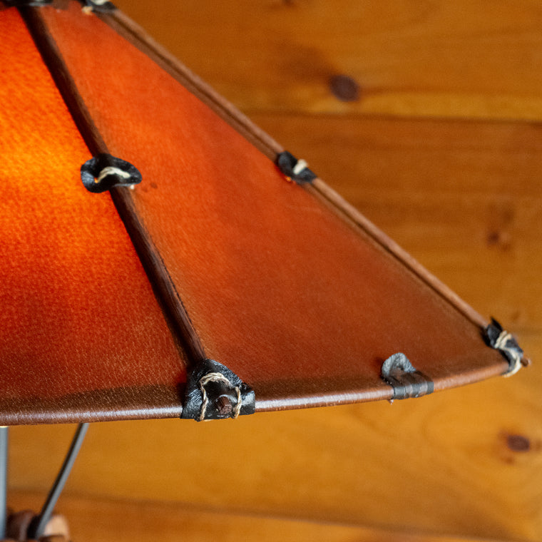 Rustic Wooden Tripod Floor Lamp with Vibrant Leather Shade, Base Detail