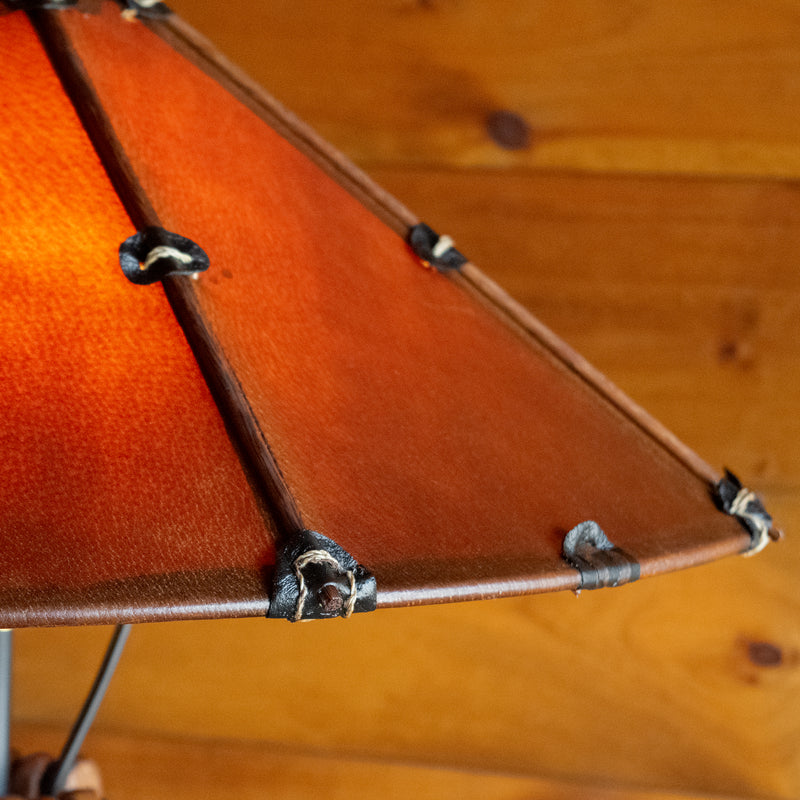 Rustic Wooden Tripod Floor Lamp with Vibrant Leather Shade, Shade Detail