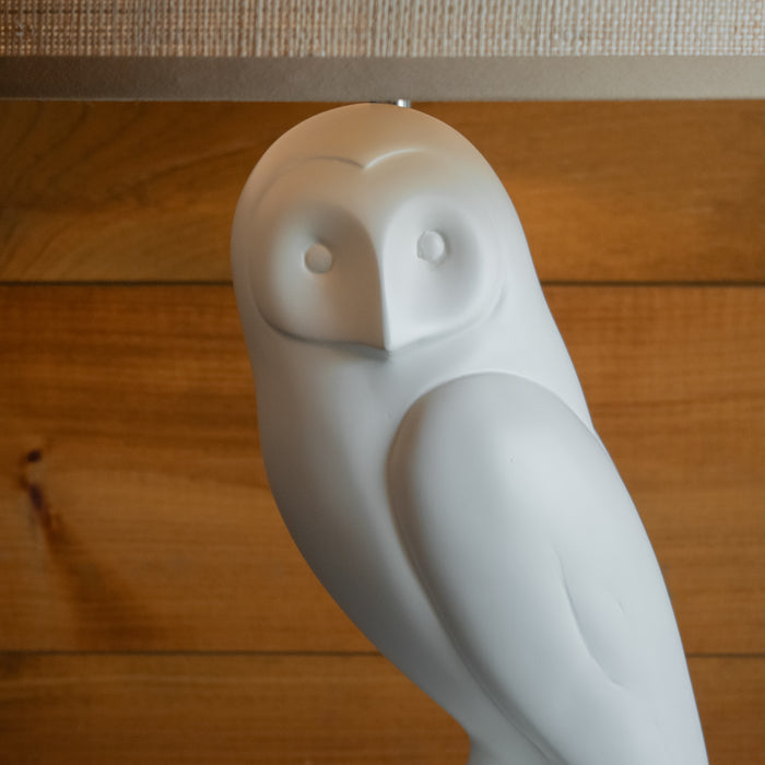 White Owl Sculpture Table Lamp with Grasscloth Shade, Owl Face Detail