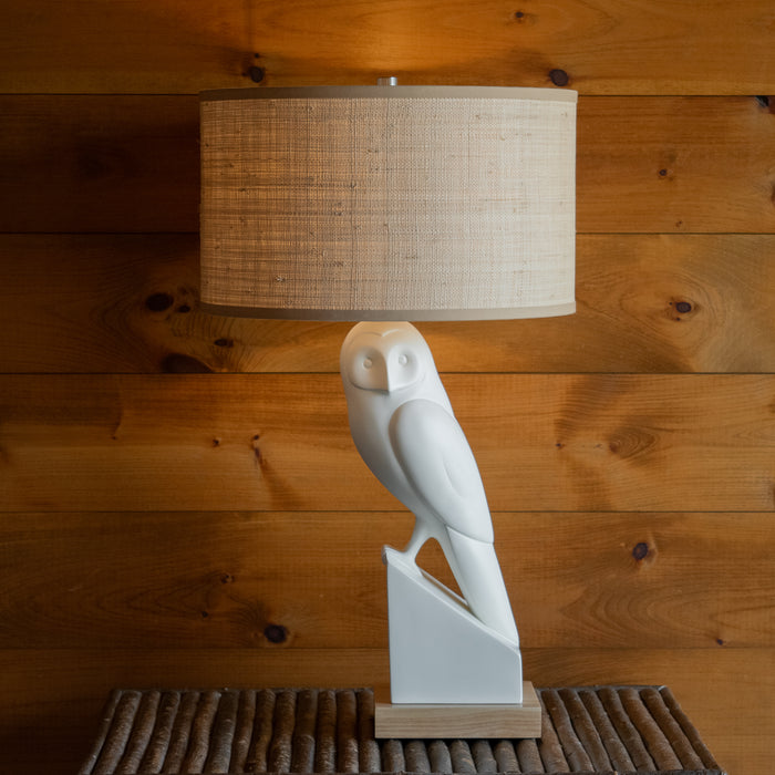 White Owl Sculpture Table Lamp with Grasscloth Shade, Front View