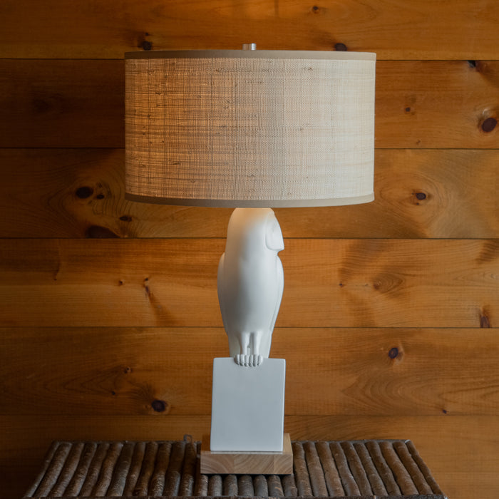 White Owl Sculpture Table Lamp with Grasscloth Shade, Profile View