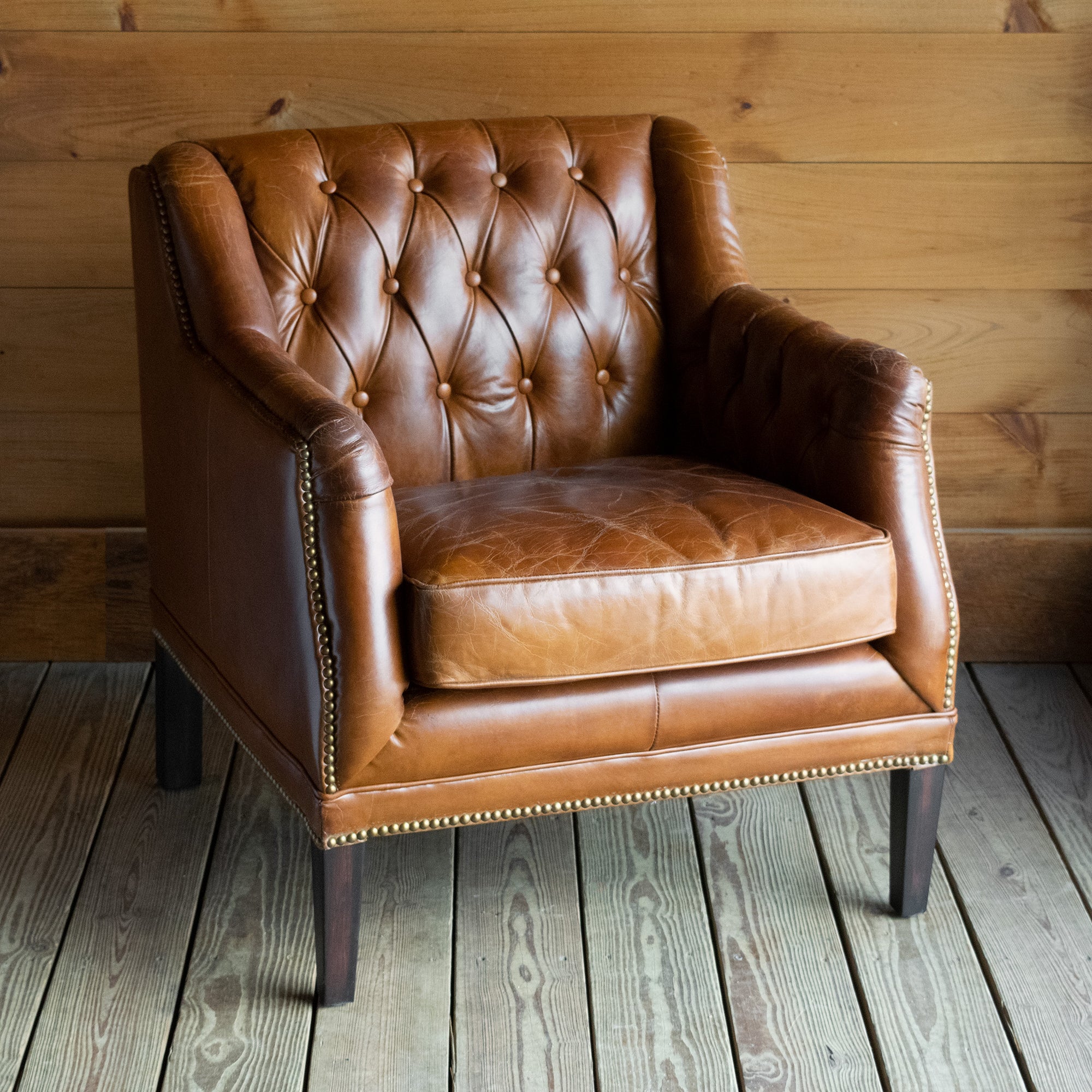 Macomb Tufted Leather Chair | Vintage Cigar Leather Chair with