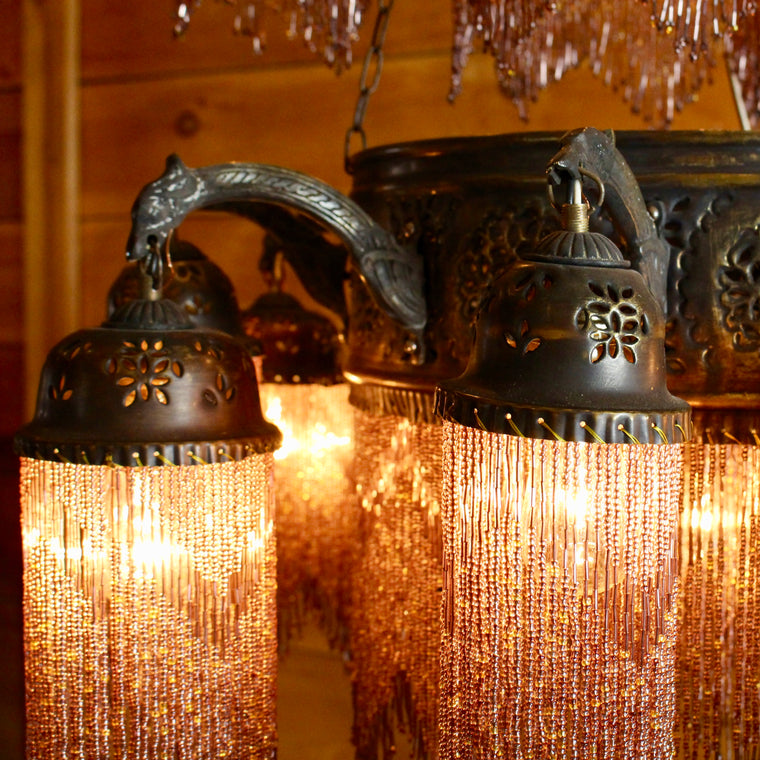 Beaded Moroccan Brass Chandelier